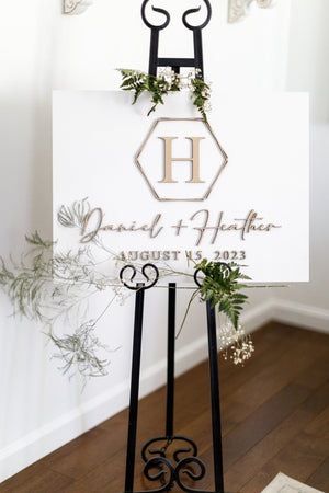 Hexagon Wedding Welcome Sign, Custom 3D Wood Wedding Sign, Ceremony Sign, Modern Wedding, Minimalist White and Champagne Sign - Small Town Timbers